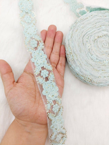 Soft Net Lace Trim Floral Embroidery and Sequins, Floral Sari Border, Decorative Trim